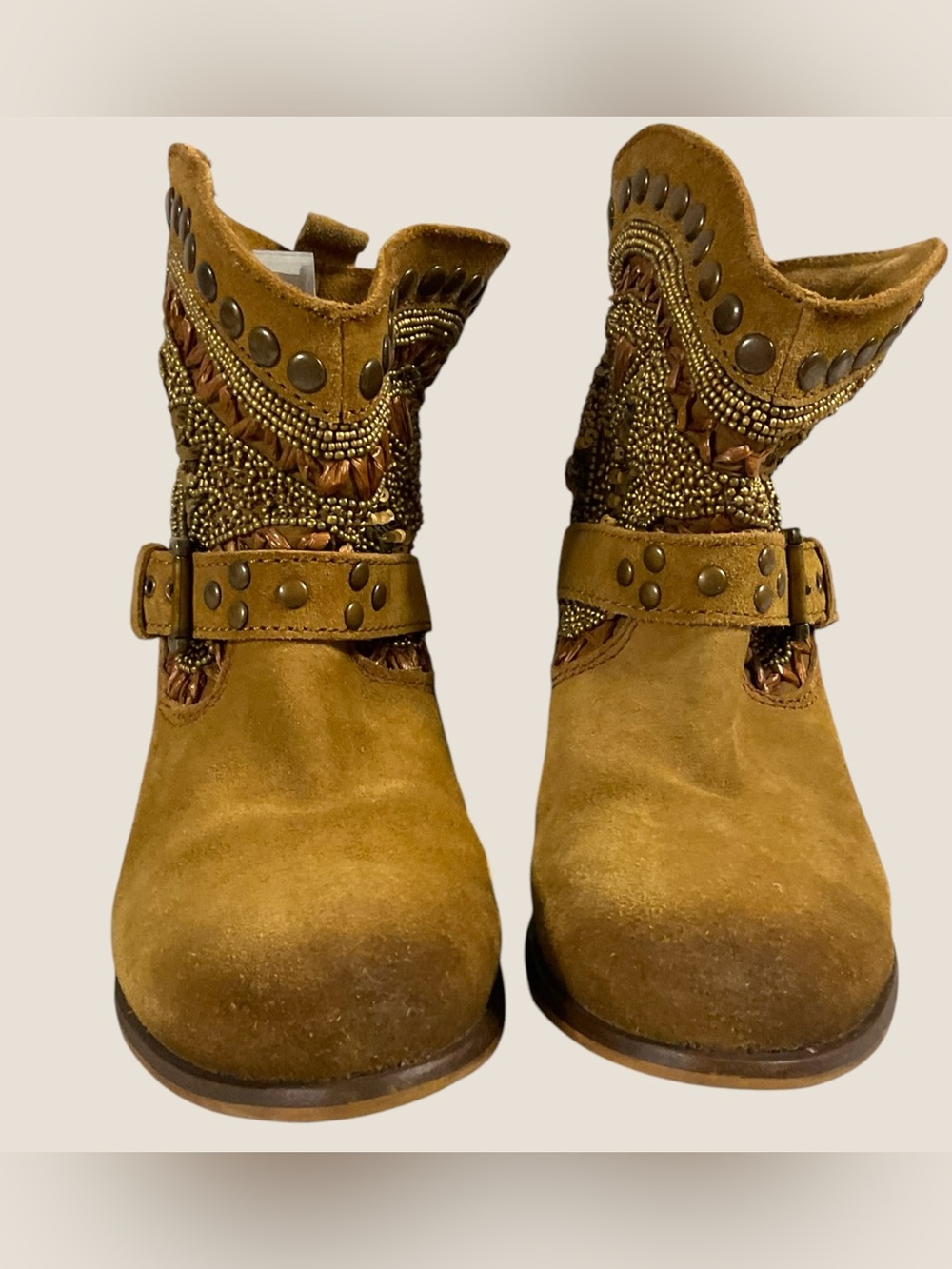 Naughty Monkey Women's Size 7.5 Embellished Suede Ankle Boots in Mustard